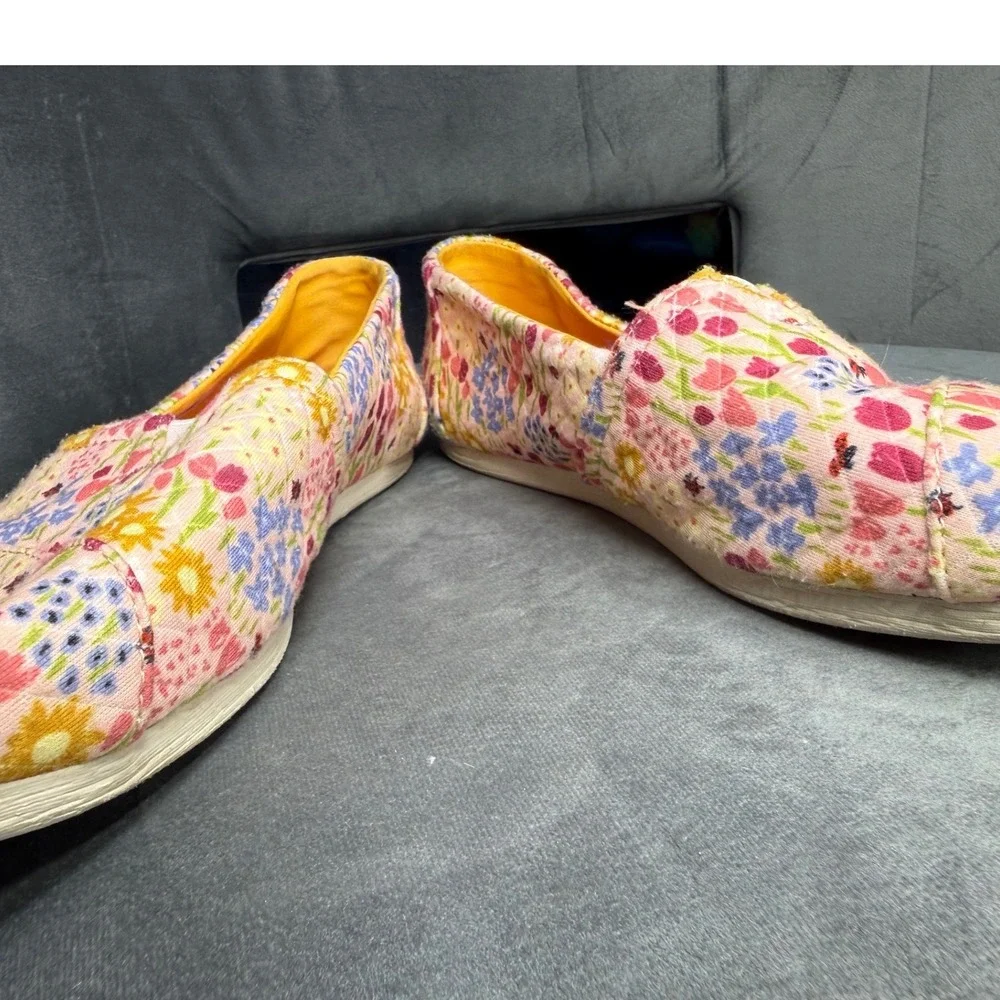 TOMS Alpargata Floral Ladybug Print Quilted Canvas Slip On‎ Shoes Womens 9 Pink